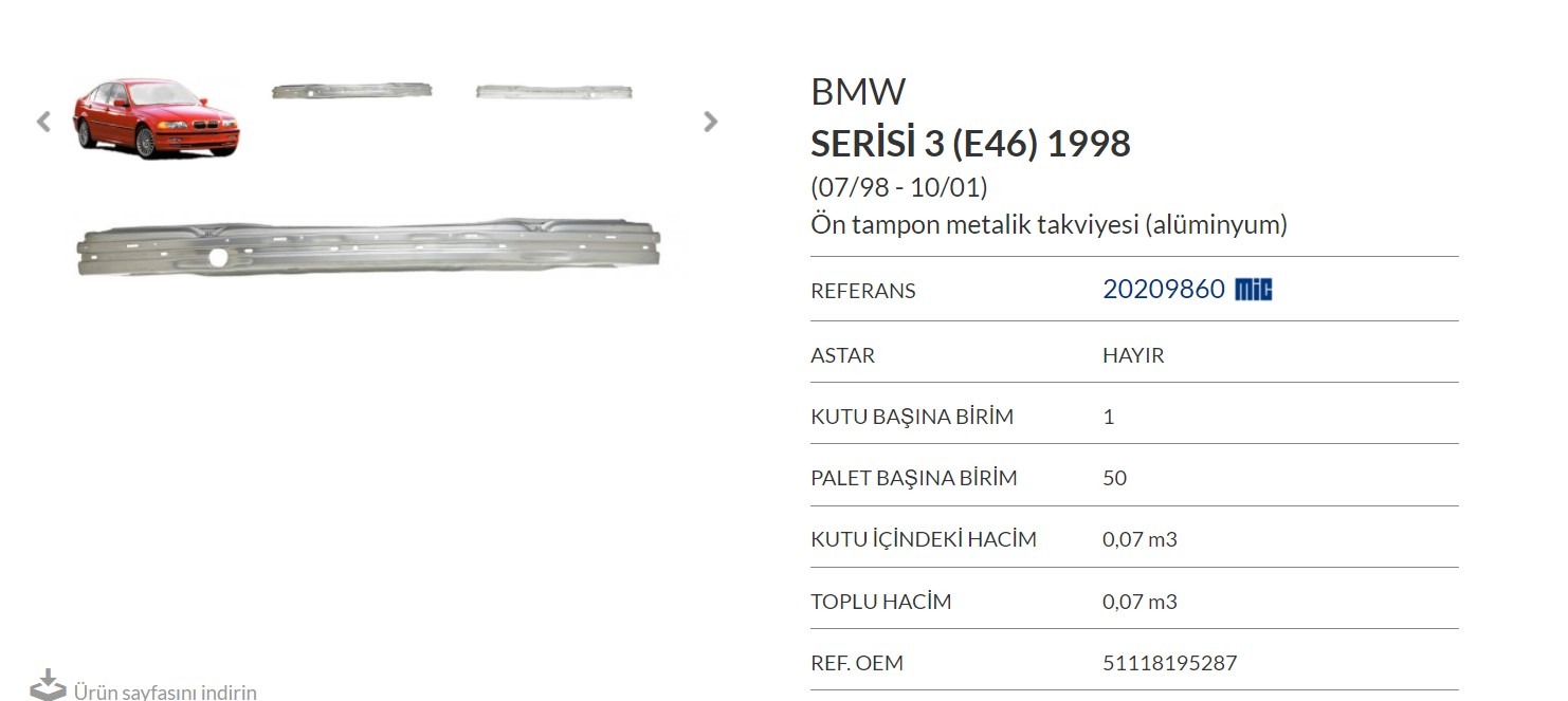 BMW 3 Seri E46 ÖN TAMPON DEMİR ( ALUMİNYUM  2001 >>